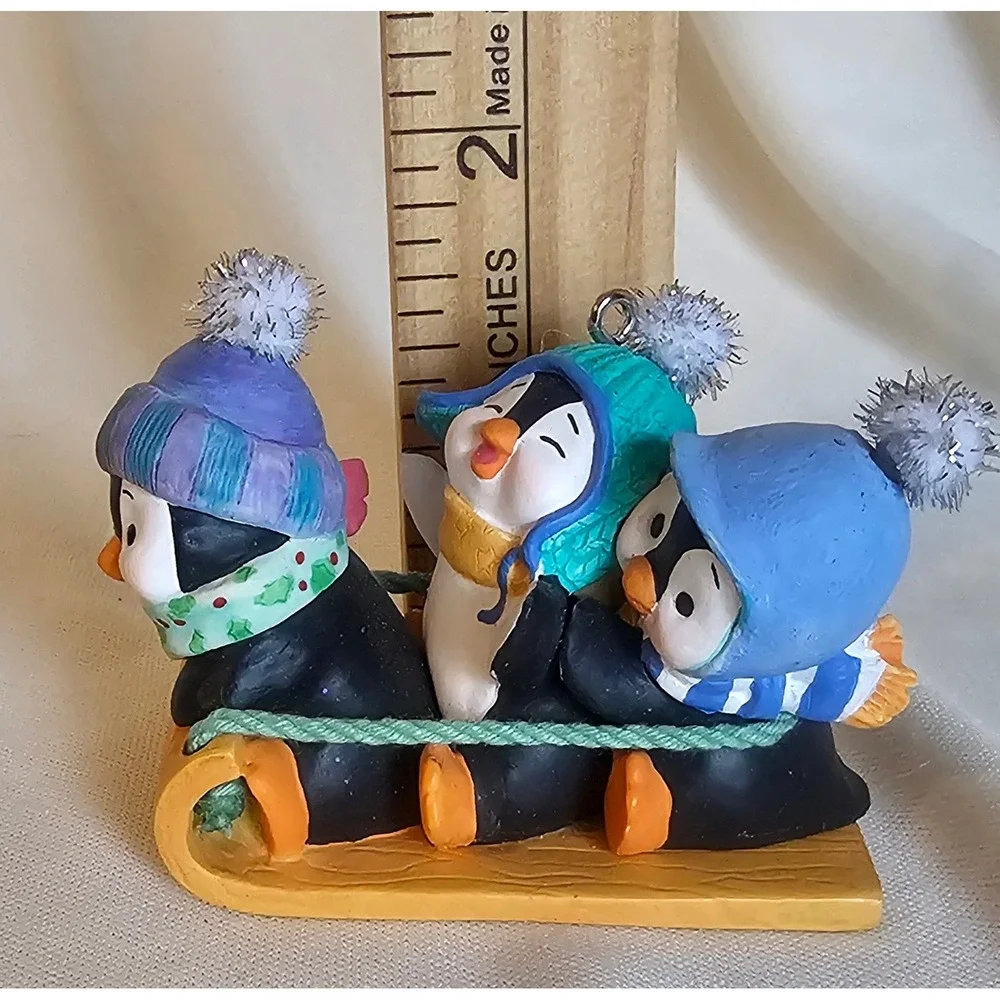 VTG Hallmark Penguin Sled Ornament OS Multi 2001 Winter Holiday Sledding Trio